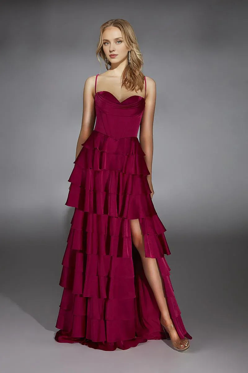 Formal Wear Dresses Wine Red Simple A-line Sleeveless Prom Dress Off-the-Shoulder Pleated Tiered Floor Length With Slit Prom Dress Prom Dresses Stores